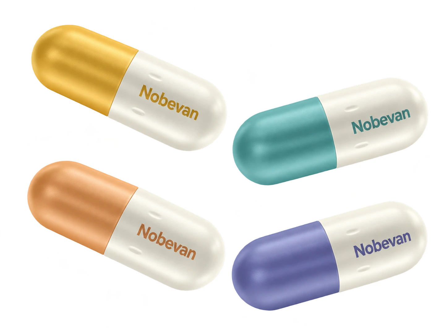 Four Nobevan capsule shell color options in a horizontal composition