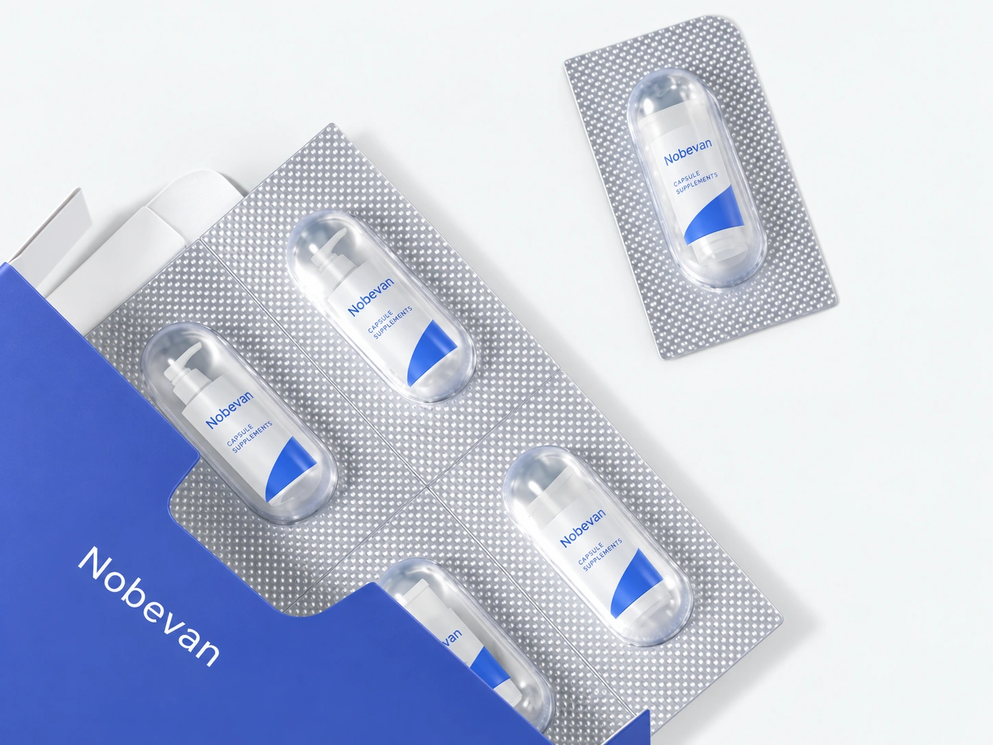 Nobevan blue and silver capsule packaging composition