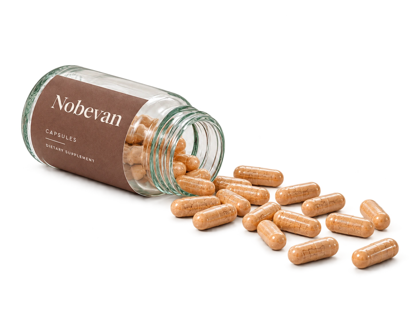 Nobevan capsule bottle and botanical capsules on a transparent background