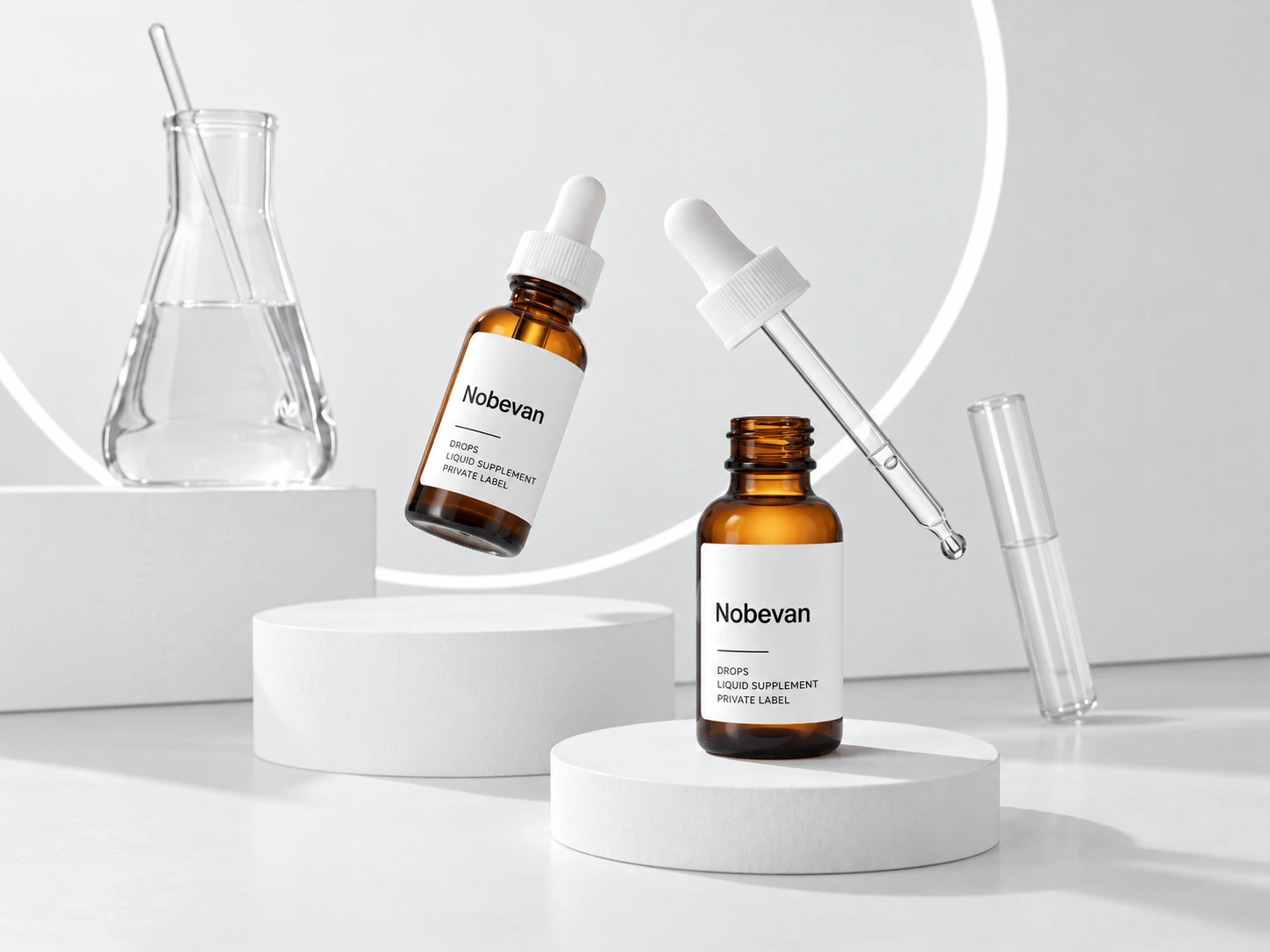 Nobevan liquid supplement bottles in a clean laboratory setting