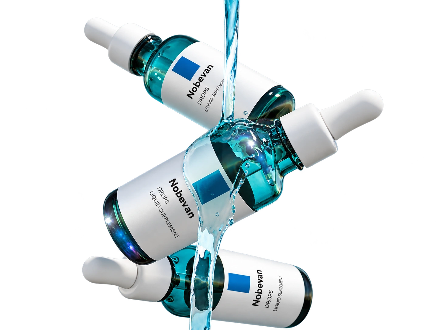 Teal dropper bottles and liquid on a transparent background