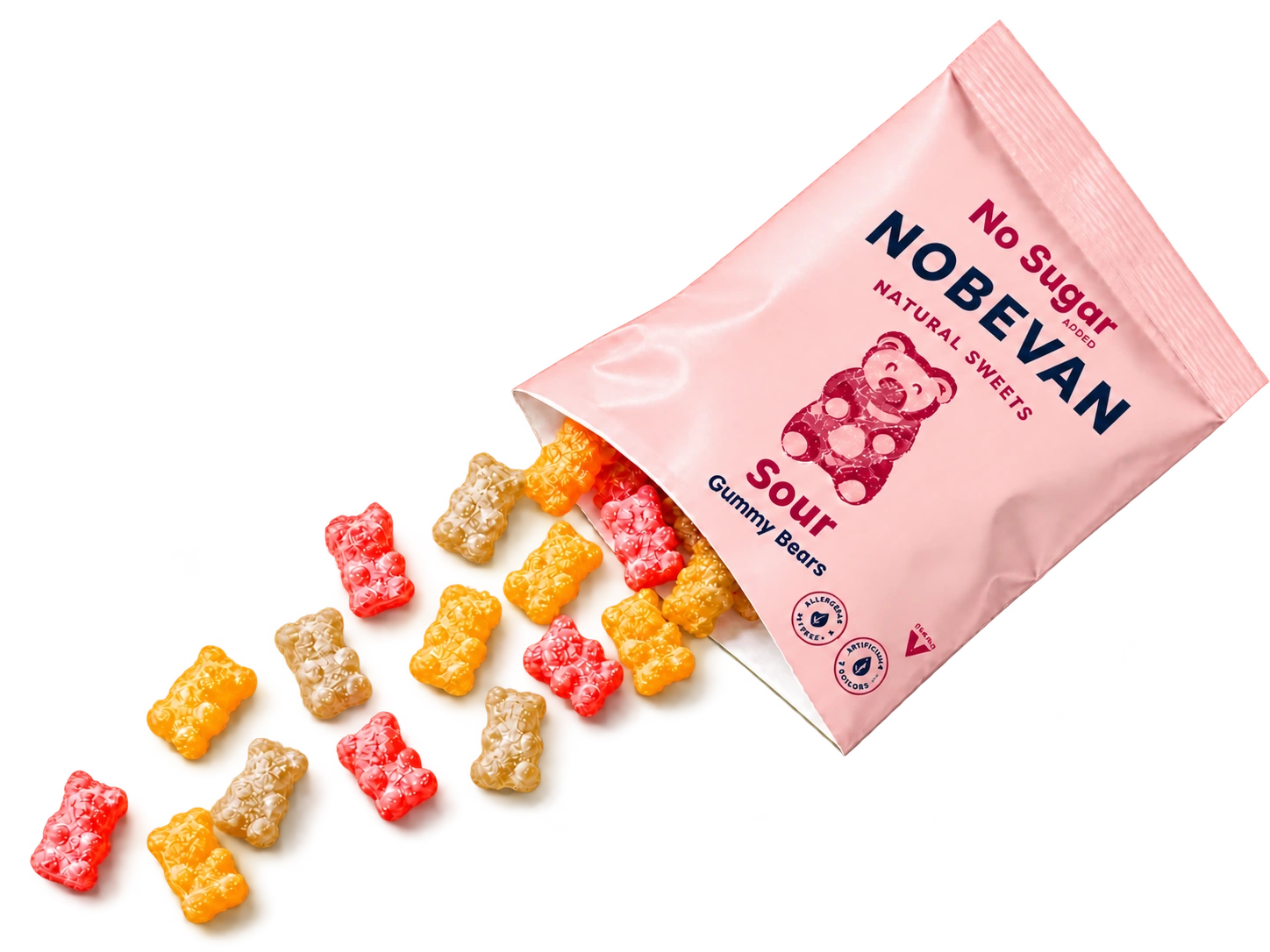 Blush pink NOBEVAN pouch with a trail of sugar-coated gummy bears