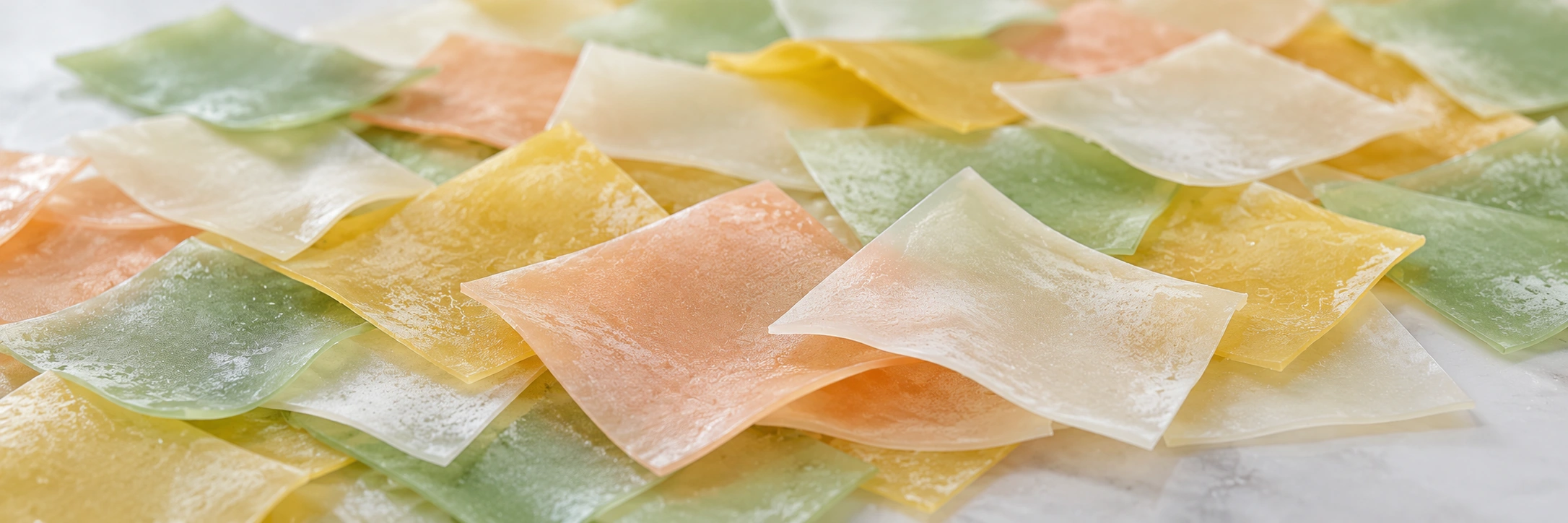 Pastel oral films on a pale green and yellow background
