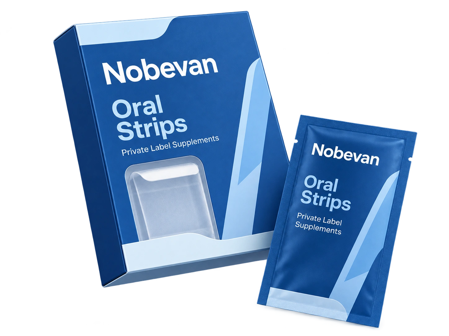 Blue Nobevan oral strip packaging on a transparent background