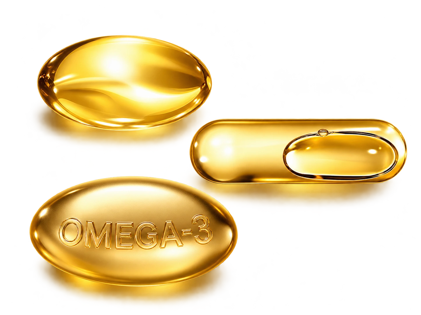 Three golden Omega-3 softgels on a transparent background
