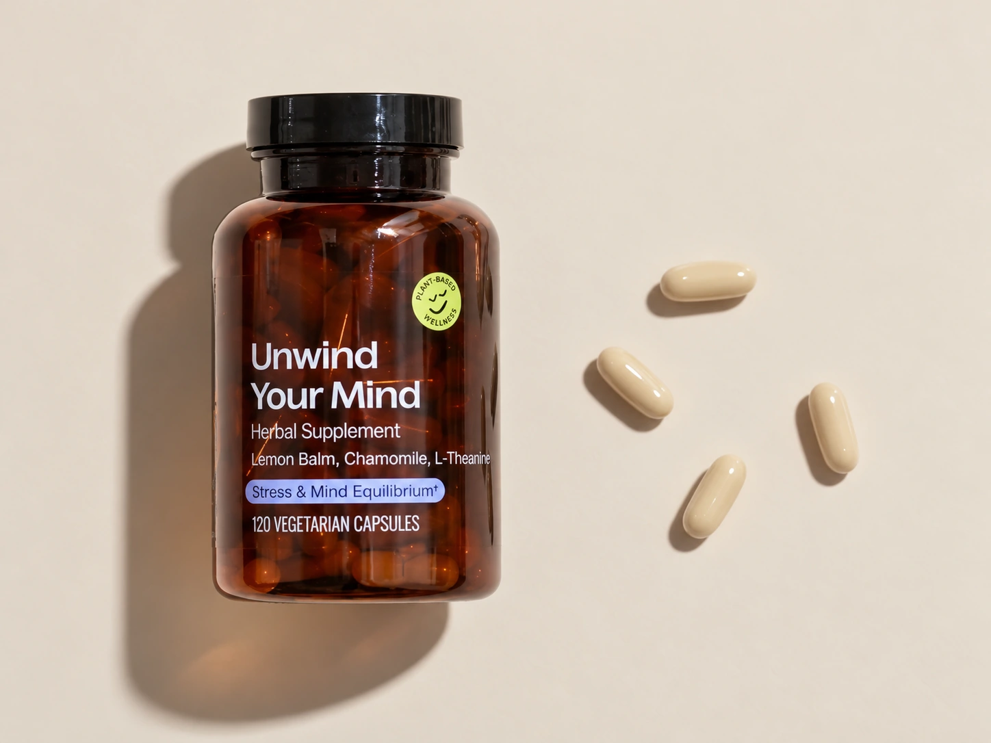 Brown supplement bottle with beige oval softgels on a neutral background