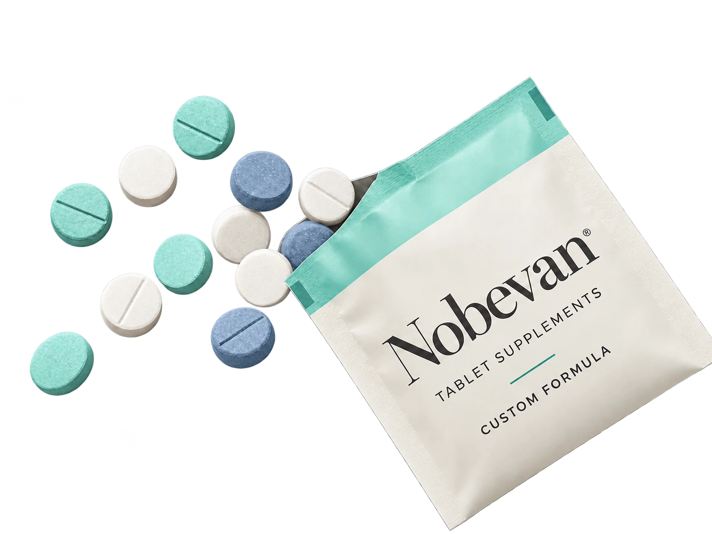 Nobevan sachet with aqua blue and white compressed tablets on a transparent background