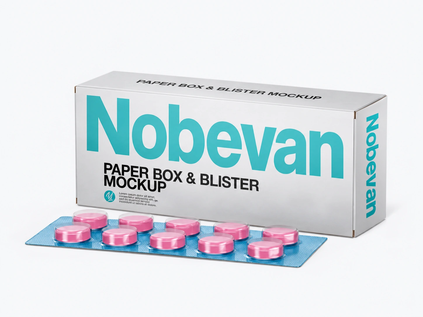 Nobevan paper box and pink tablet blister packaging