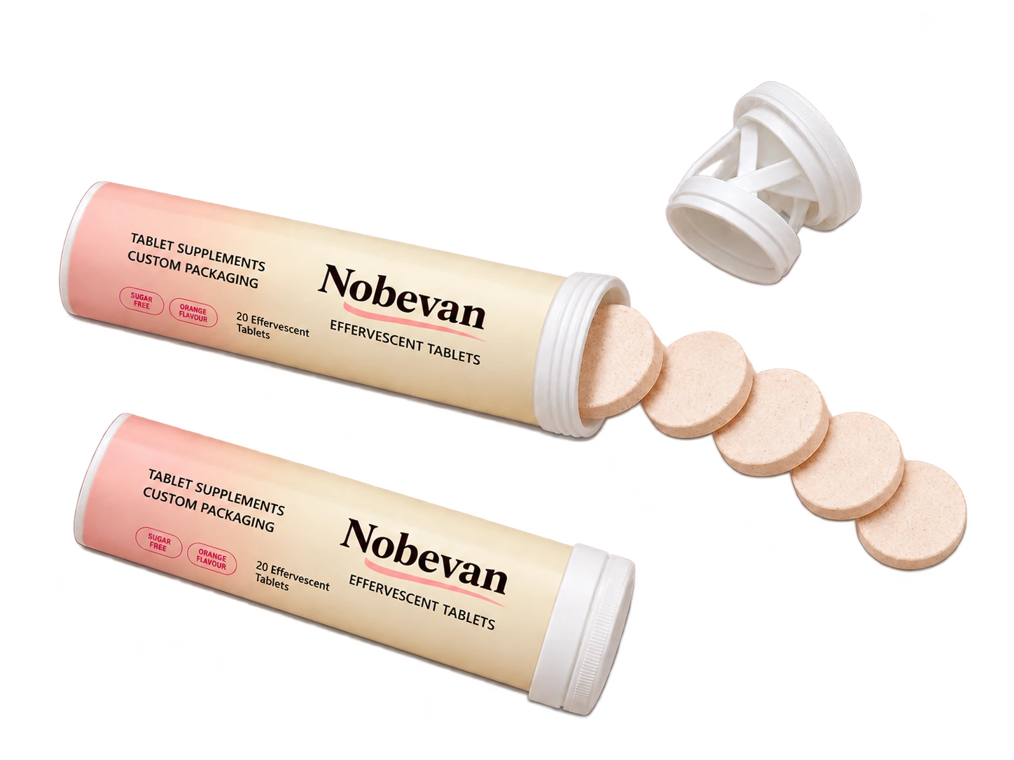 Nobevan effervescent tablet tubes with tablets spilling to the right on a transparent background